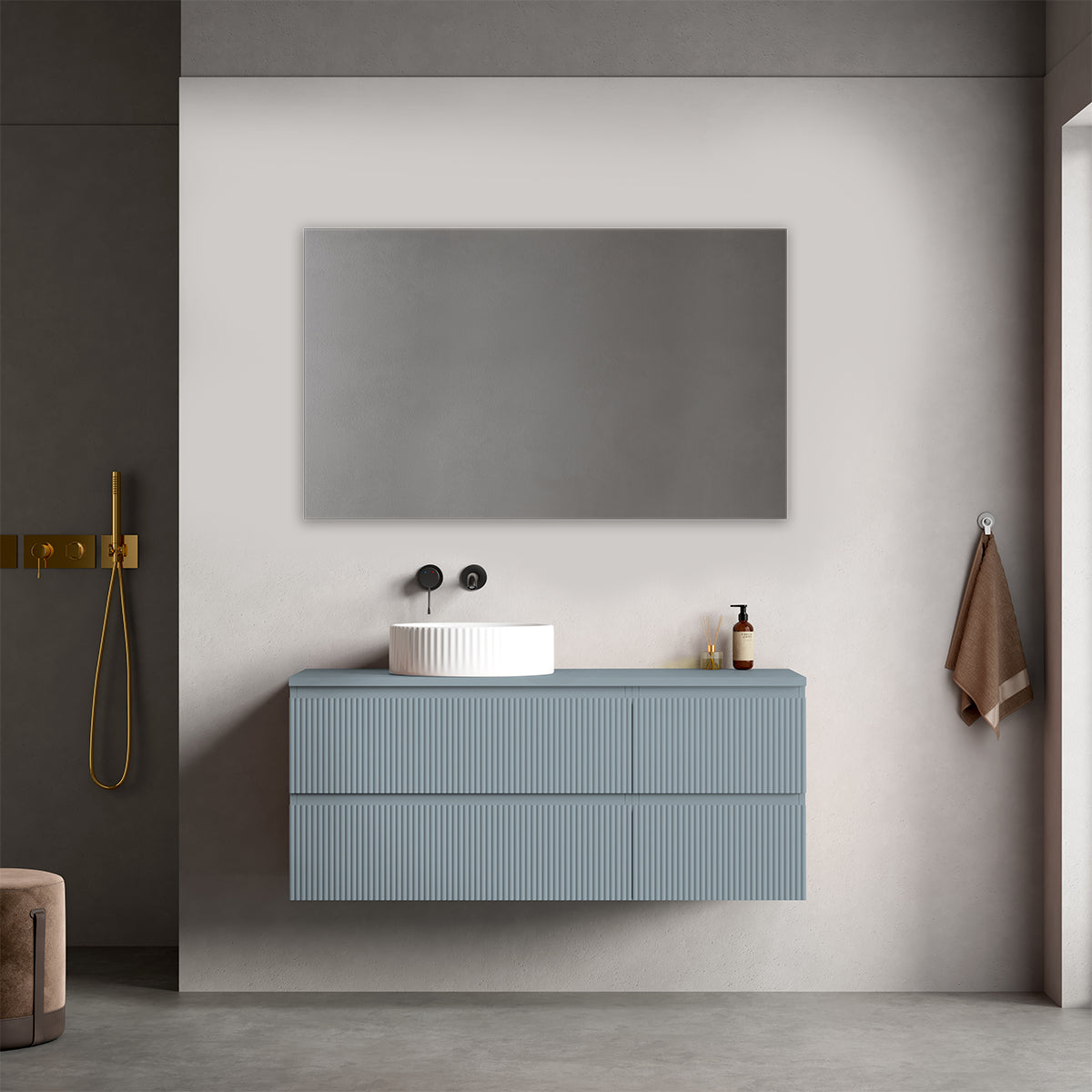 Mobile bagno sospeso cannettato reversibile  120 cm Blu Avio per Lavabo d'appoggio Specchio Quadro - Fiji Paint Top Canneté