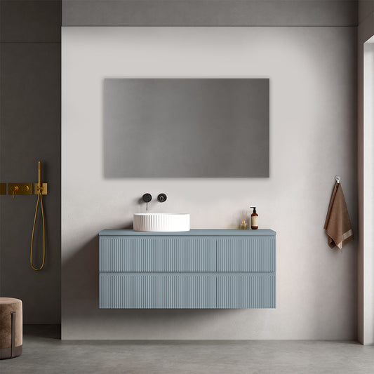 Mobile bagno sospeso cannettato reversibile  120 cm Blu Avio per Lavabo d'appoggio Specchio Quadro - Fiji Paint Top Canneté