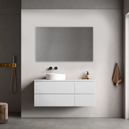 Mobile bagno sospeso cannettato reversibile  120 cm Bianco Opaco per Lavabo d'appoggio Specchio Quadro - Fiji Paint Top Canneté
