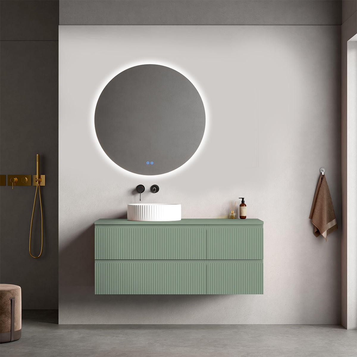 Mobile bagno sospeso cannettato reversibile  120 cm Verde Salvia per Lavabo d'appoggio Specchio Tondo Retroilluminato - Fiji Paint Top Canneté