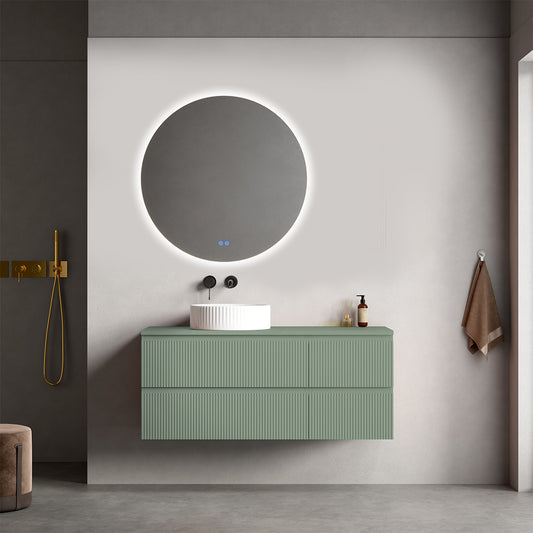 Mobile bagno sospeso cannettato reversibile  120 cm Verde Salvia per Lavabo d'appoggio Specchio Tondo Retroilluminato - Fiji Paint Top Canneté