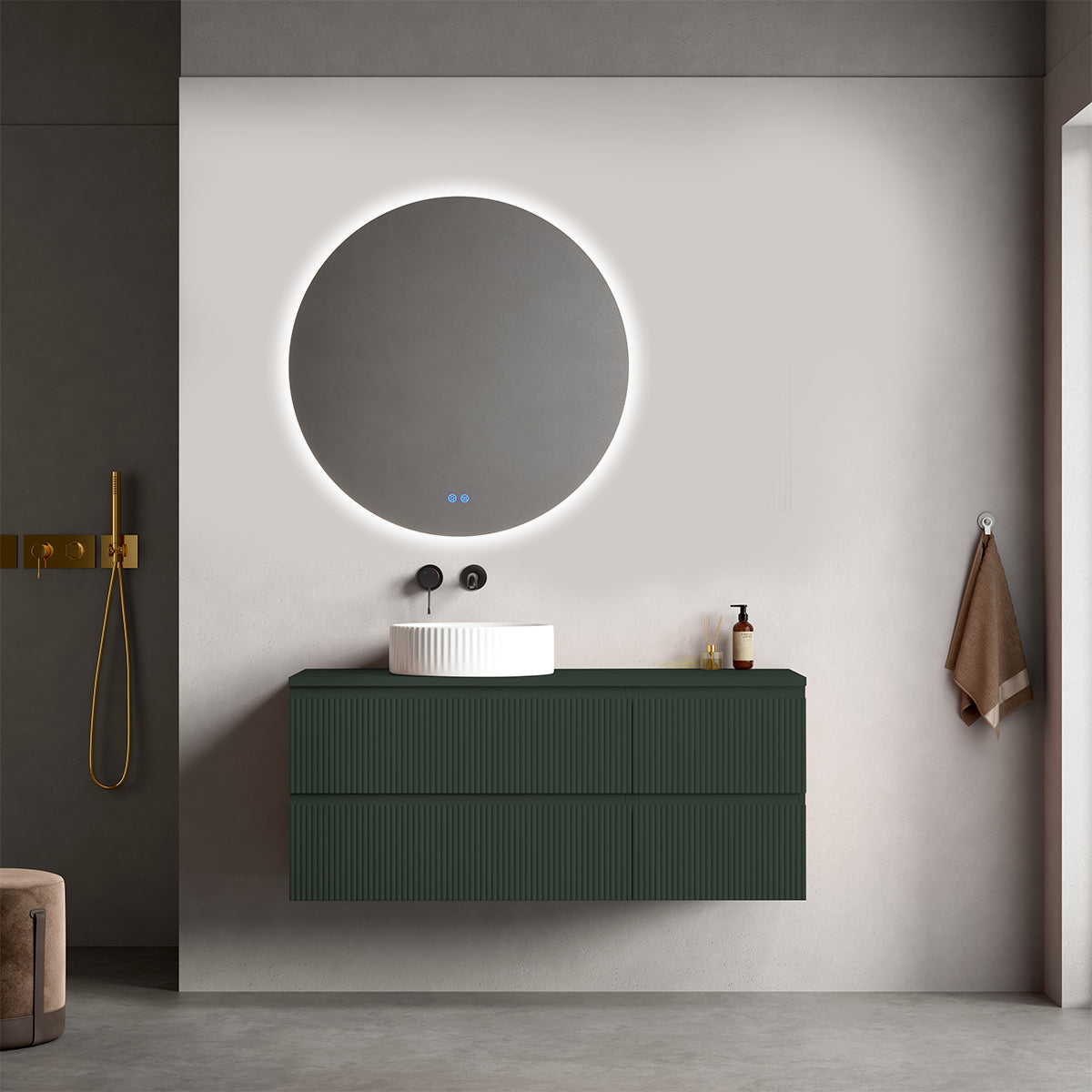 Mobile bagno sospeso cannettato reversibile  120 cm Verde Comodoro  per Lavabo d'appoggio Specchio Tondo Retroilluminato - Fiji Paint Top Canneté