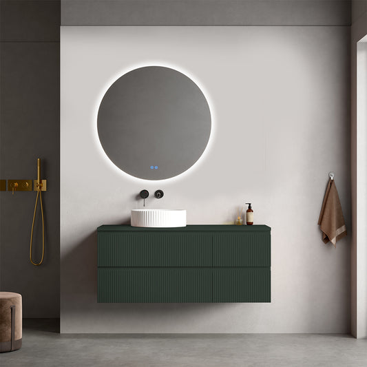 Mobile bagno sospeso cannettato reversibile  120 cm Verde Comodoro  per Lavabo d'appoggio Specchio Tondo Retroilluminato - Fiji Paint Top Canneté