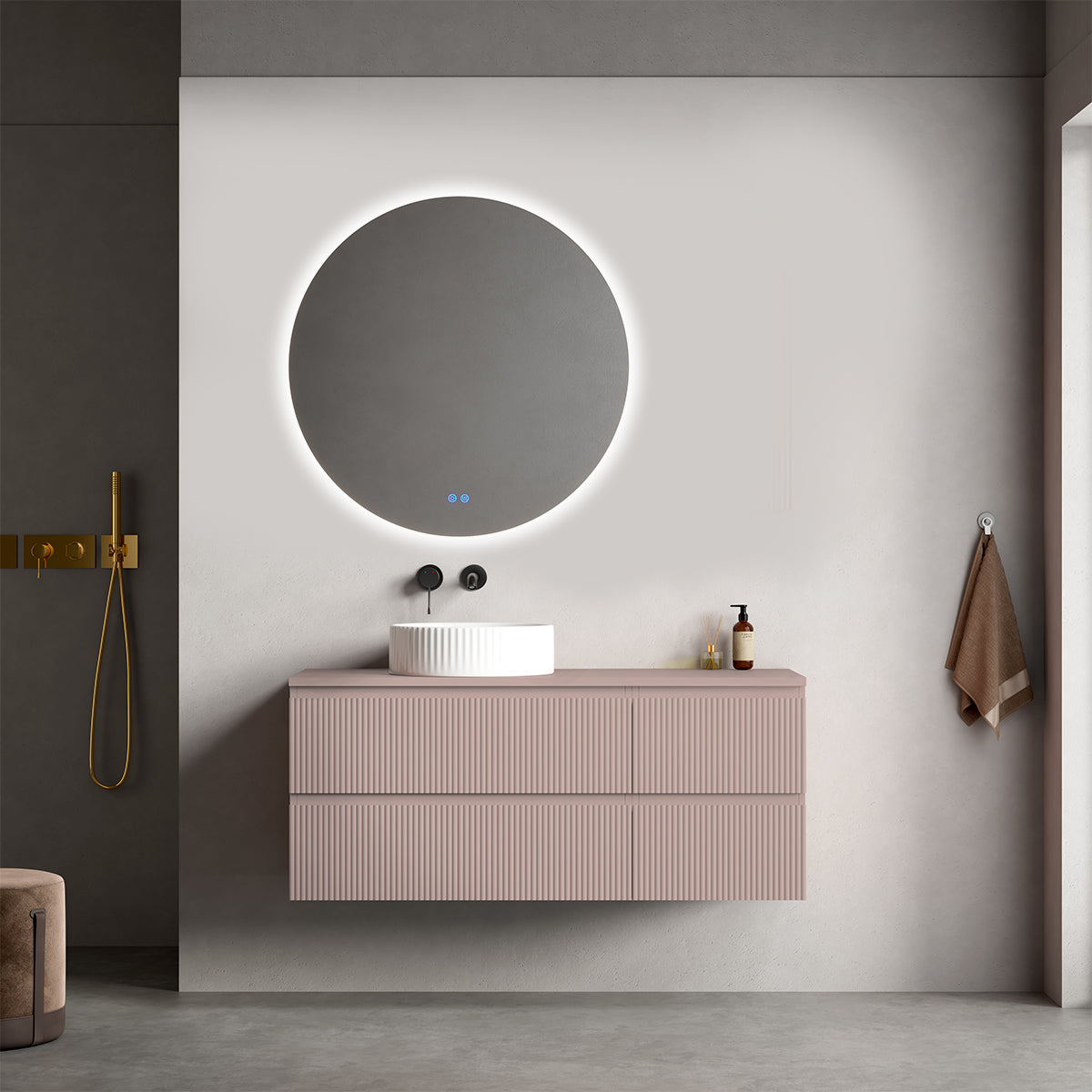 Mobile bagno sospeso cannettato reversibile  120 cm Rosa Retrò per Lavabo d'appoggio Specchio Tondo Retroilluminato - Fiji Paint Top Canneté