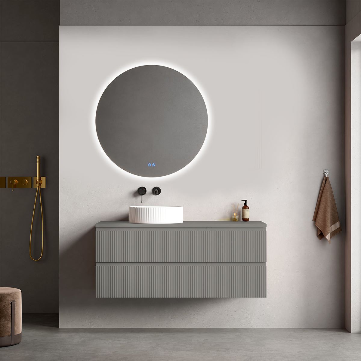 Mobile bagno sospeso cannettato reversibile  120 cm Grigio Londra per Lavabo d'appoggio Specchio Tondo Retroilluminato - Fiji Paint Top Canneté