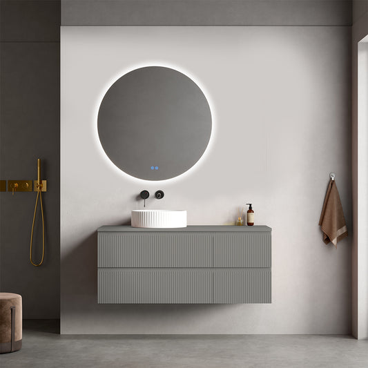 Mobile bagno sospeso cannettato reversibile  120 cm Grigio Londra per Lavabo d'appoggio Specchio Tondo Retroilluminato - Fiji Paint Top Canneté