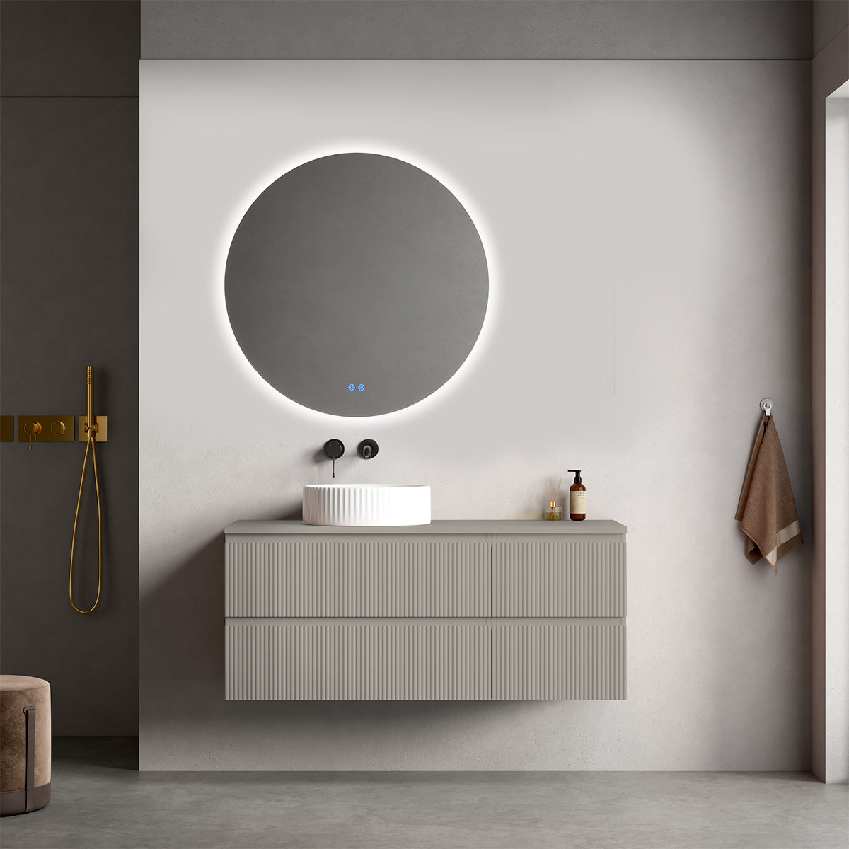 Mobile bagno sospeso cannettato reversibile  120 cm Grigio Cenere  per Lavabo d'appoggio Specchio Tondo Retroilluminato - Fiji Paint Top Canneté