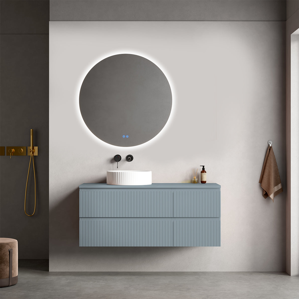 Mobile bagno sospeso cannettato reversibile  120 cm Blu Avio per Lavabo d'appoggio Specchio Tondo Retroilluminato - Fiji Paint Top Canneté