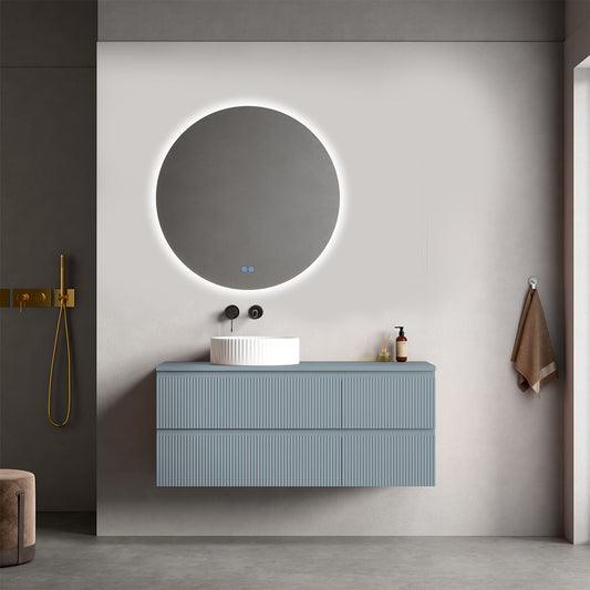 Mobile bagno sospeso cannettato reversibile  120 cm Blu Avio per Lavabo d'appoggio Specchio Tondo Retroilluminato - Fiji Paint Top Canneté