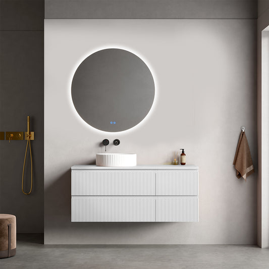 Mobile bagno sospeso cannettato reversibile  120 cm Bianco Opaco per Lavabo d'appoggio Specchio Tondo Retroilluminato - Fiji Paint Top Canneté