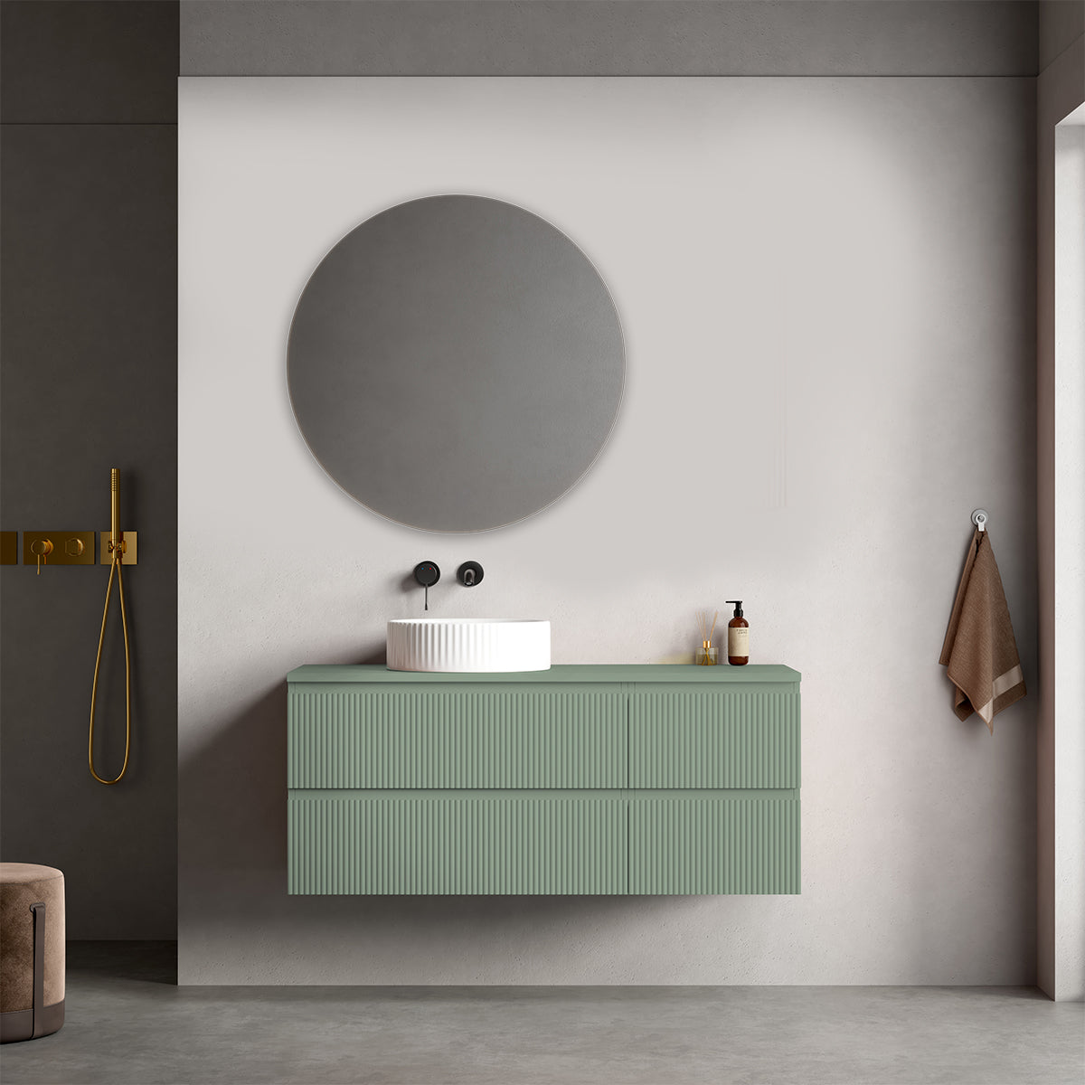 Mobile bagno sospeso cannettato reversibile  120 cm Verde Salvia per Lavabo d'appoggio Specchio Tondo - Fiji Paint Top Canneté