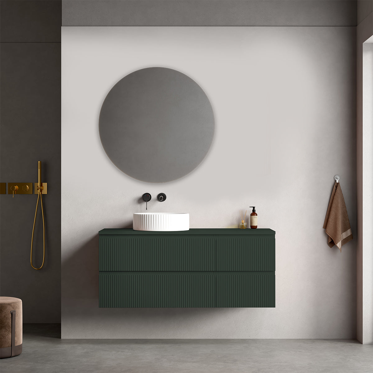 Mobile bagno sospeso cannettato reversibile  120 cm Verde Comodoro  per Lavabo d'appoggio Specchio Tondo - Fiji Paint Top Canneté