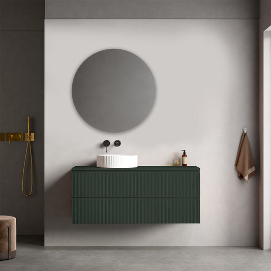 Mobile bagno sospeso cannettato reversibile  120 cm Verde Comodoro  per Lavabo d'appoggio Specchio Tondo - Fiji Paint Top Canneté