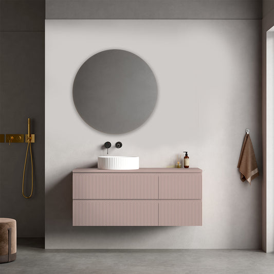 Mobile bagno sospeso cannettato reversibile  120 cm Rosa Retrò per Lavabo d'appoggio Specchio Tondo - Fiji Paint Top Canneté