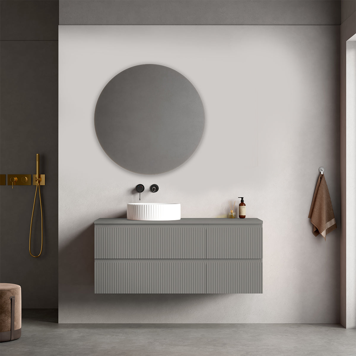Mobile bagno sospeso cannettato reversibile  120 cm Grigio Londra per Lavabo d'appoggio Specchio Tondo - Fiji Paint Top Canneté