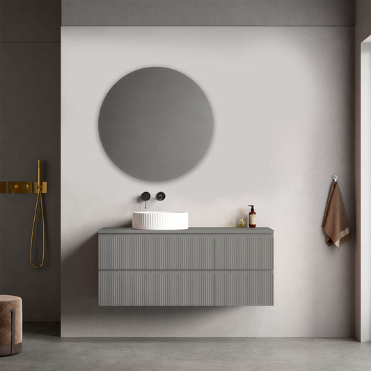 Mobile bagno sospeso cannettato reversibile  120 cm Grigio Londra per Lavabo d'appoggio Specchio Tondo - Fiji Paint Top Canneté