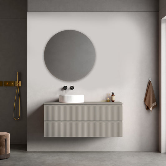 Mobile bagno sospeso cannettato reversibile  120 cm Grigio Cenere  per Lavabo d'appoggio Specchio Tondo - Fiji Paint Top Canneté