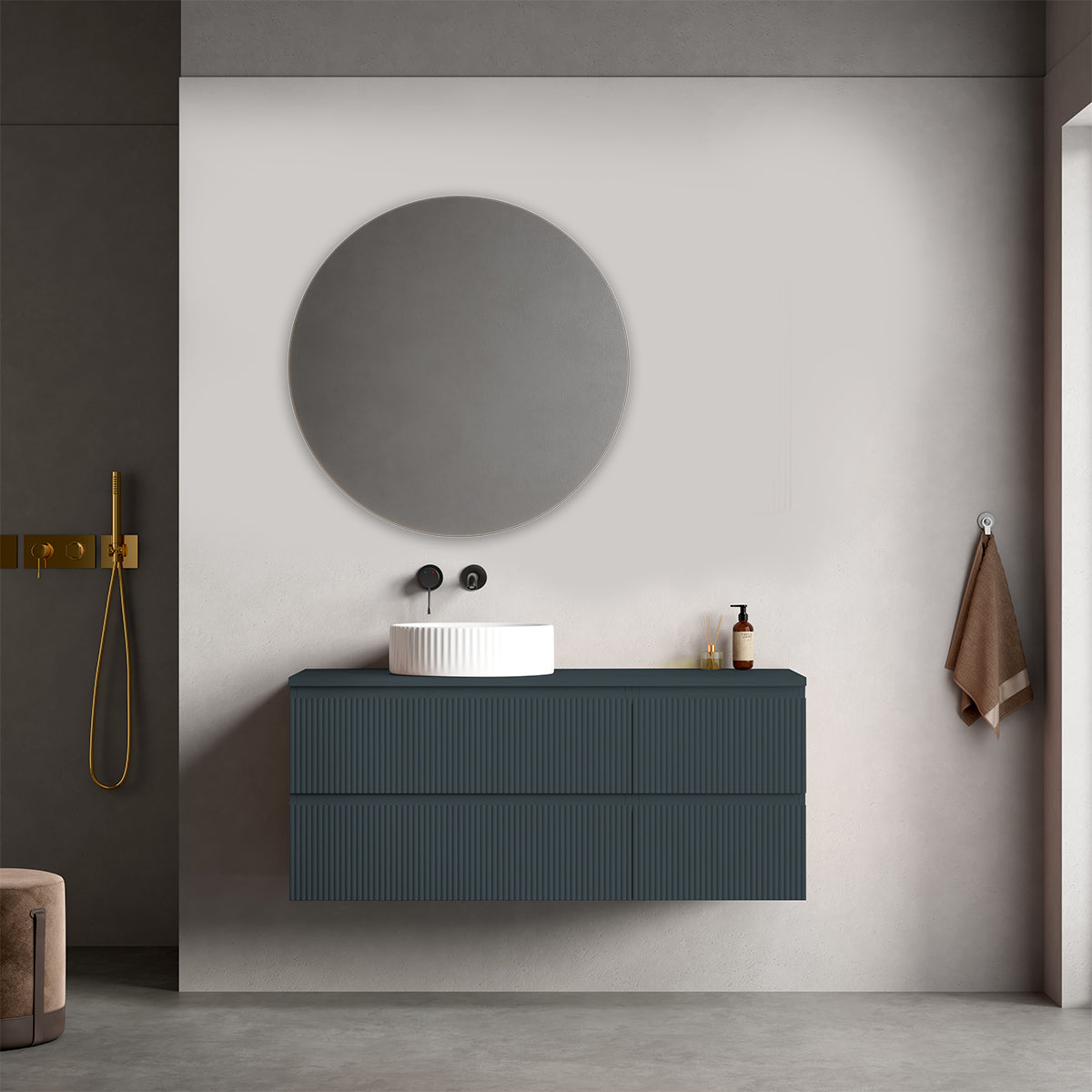 Mobile bagno sospeso cannettato reversibile  120 cm Blu Mare per Lavabo d'appoggio Specchio Tondo - Fiji Paint Top Canneté
