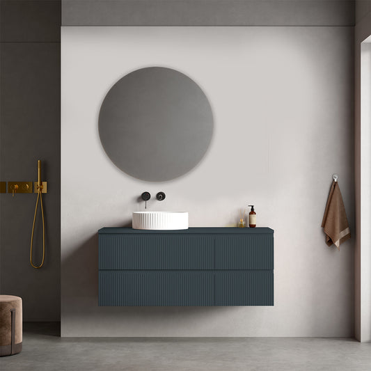 Mobile bagno sospeso cannettato reversibile  120 cm Blu Mare per Lavabo d'appoggio Specchio Tondo - Fiji Paint Top Canneté