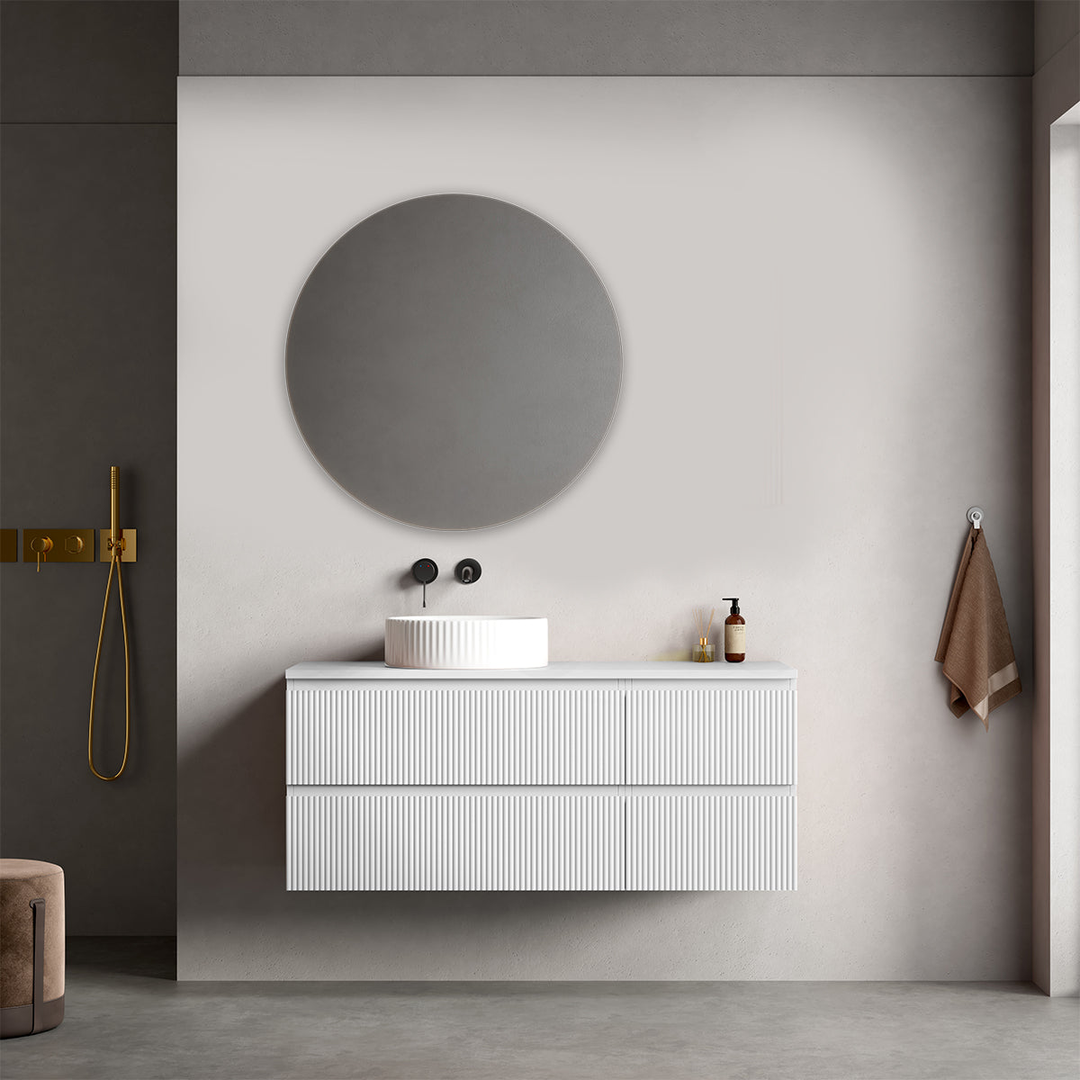 Mobile bagno sospeso cannettato reversibile  120 cm Bianco Opaco per Lavabo d'appoggio Specchio Tondo - Fiji Paint Top Canneté