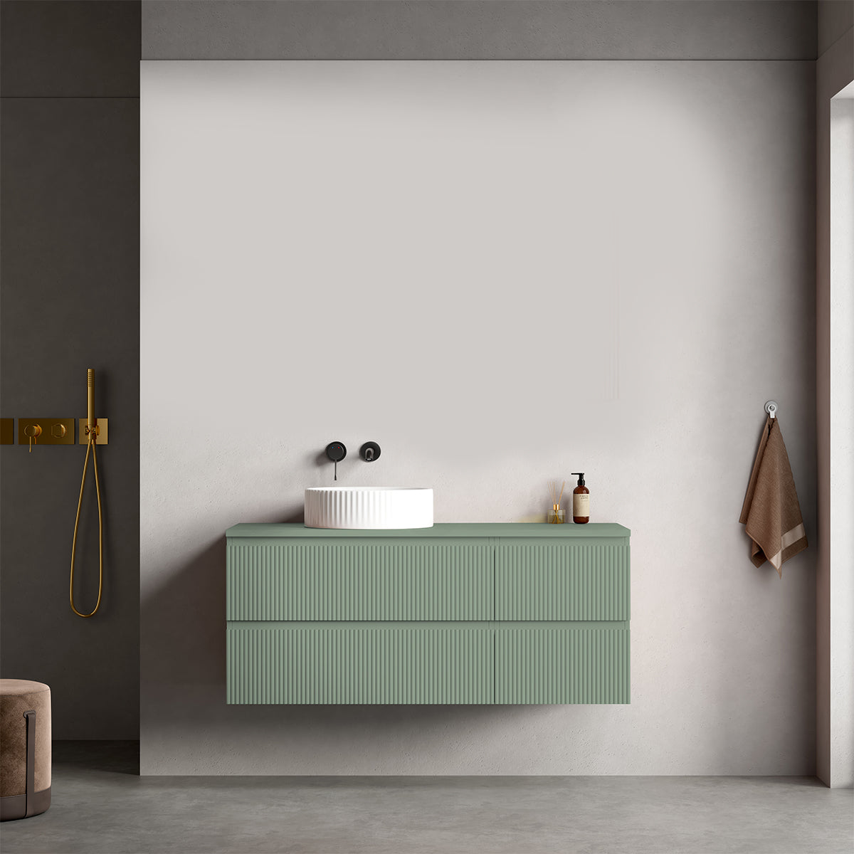 Mobile bagno sospeso cannettato reversibile  120 cm Verde Salvia per Lavabo d'appoggio Senza Specchio - Fiji Paint Top Canneté