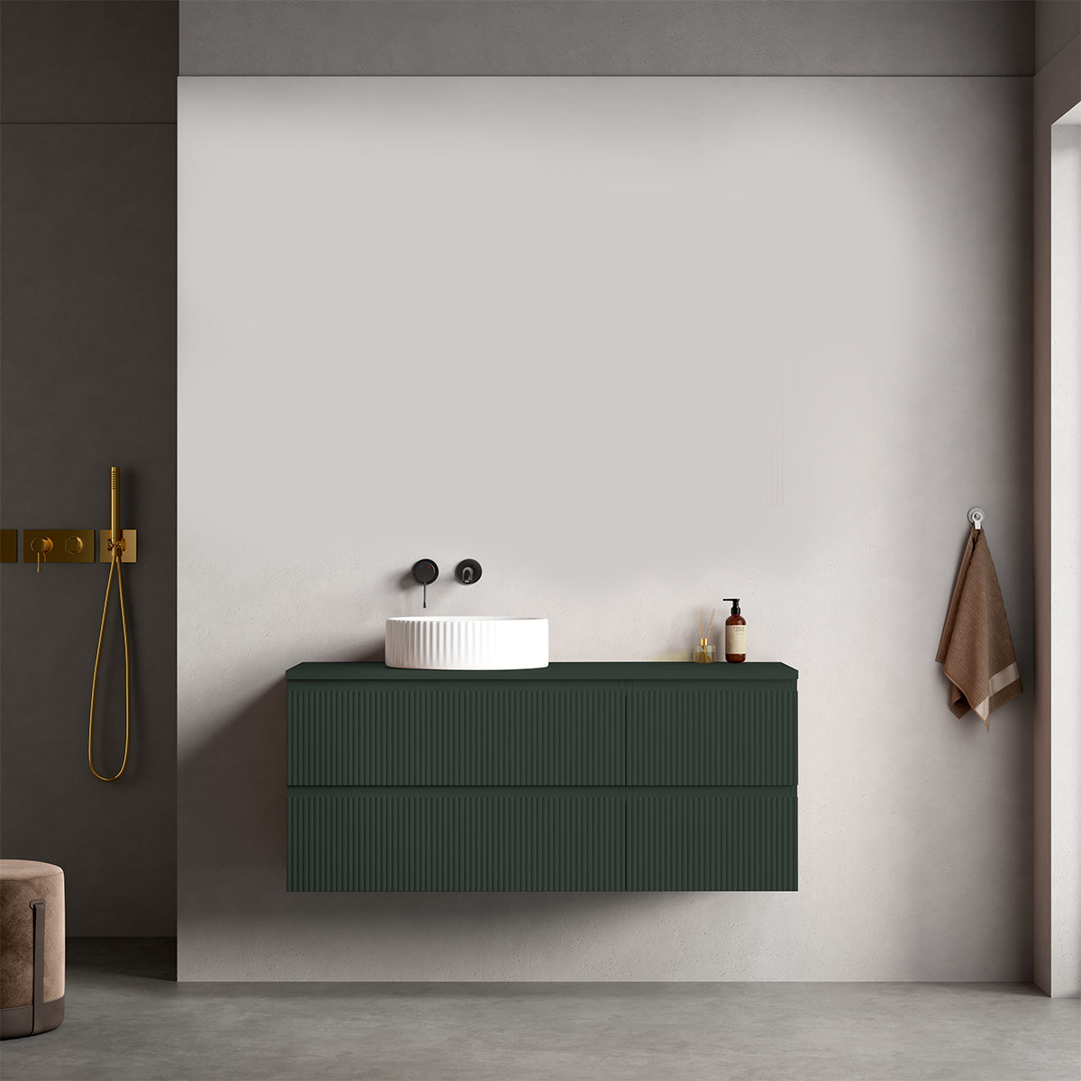 Mobile bagno sospeso cannettato reversibile  120 cm Verde Comodoro  per Lavabo d'appoggio Senza Specchio - Fiji Paint Top Canneté
