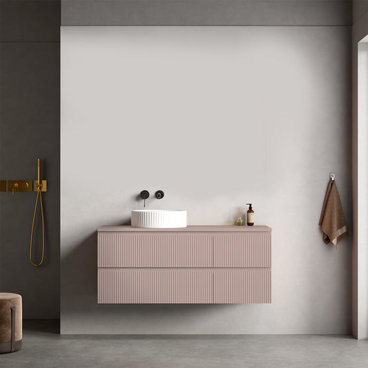 Mobile bagno sospeso cannettato reversibile  120 cm Rosa Retrò per Lavabo d'appoggio Senza Specchio - Fiji Paint Top Canneté