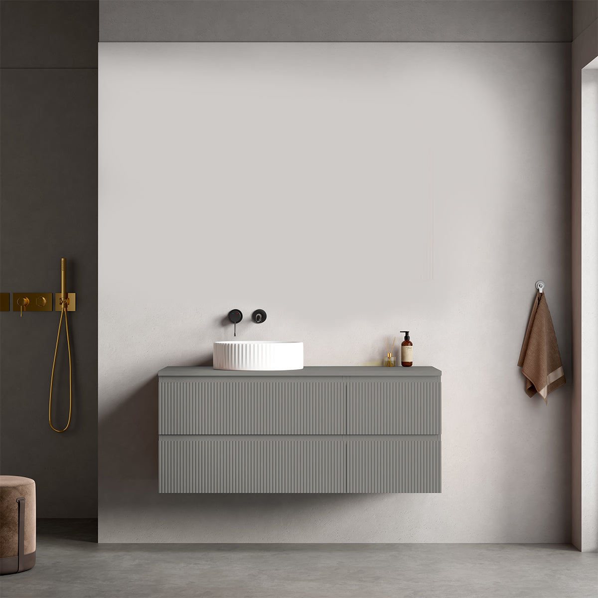 Mobile bagno sospeso cannettato reversibile  120 cm Grigio Londra per Lavabo d'appoggio Senza Specchio - Fiji Paint Top Canneté