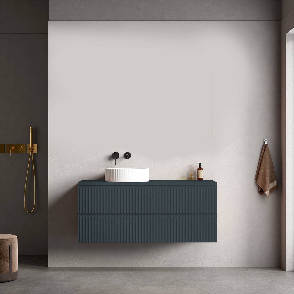 Mobile bagno sospeso cannettato reversibile  120 cm Blu Mare per Lavabo d'appoggio Senza Specchio - Fiji Paint Top Canneté