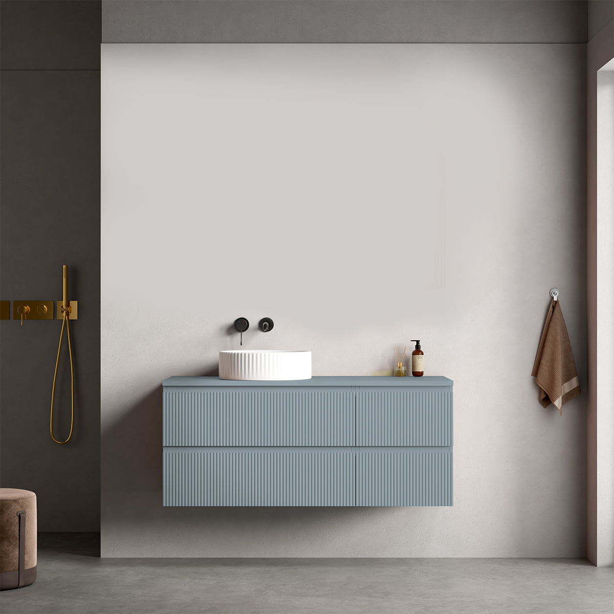 Mobile bagno sospeso cannettato reversibile  120 cm Blu Avio per Lavabo d'appoggio Senza Specchio - Fiji Paint Top Canneté