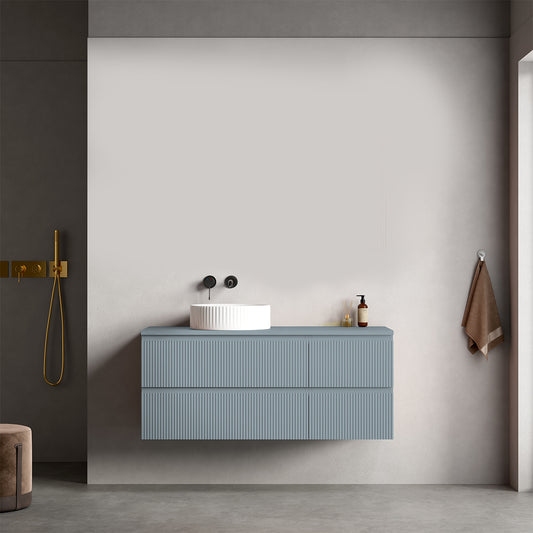 Mobile bagno sospeso cannettato reversibile  120 cm Blu Avio per Lavabo d'appoggio Senza Specchio - Fiji Paint Top Canneté