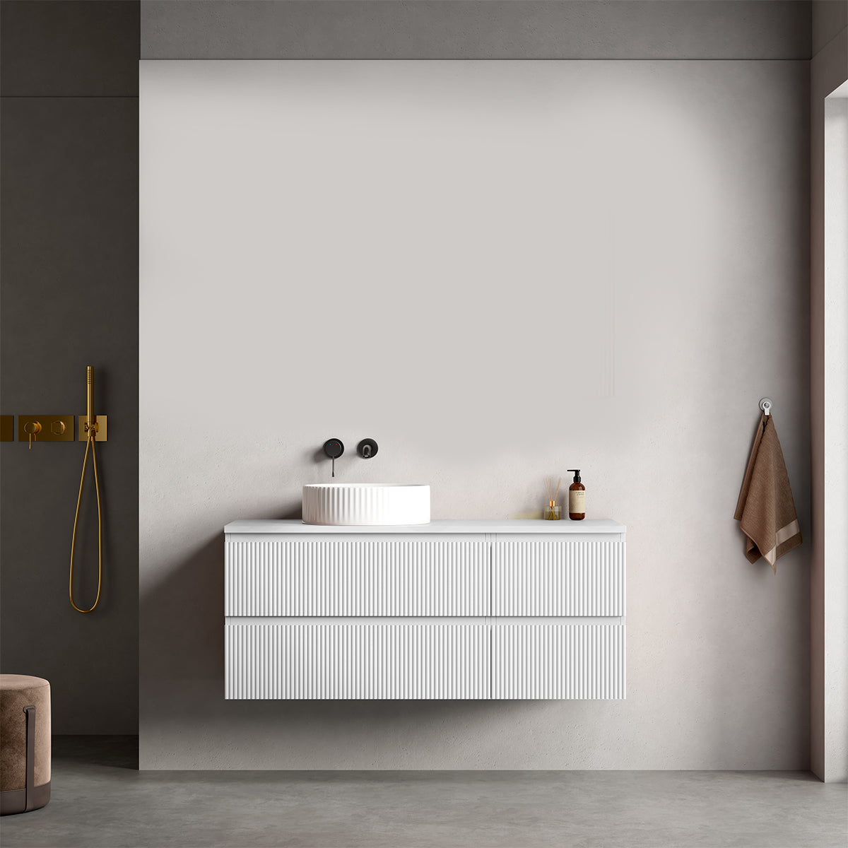 Mobile bagno sospeso cannettato reversibile  120 cm Bianco Opaco per Lavabo d'appoggio Senza Specchio - Fiji Paint Top Canneté
