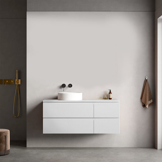 Mobile bagno sospeso cannettato reversibile  120 cm Bianco Opaco per Lavabo d'appoggio Senza Specchio - Fiji Paint Top Canneté