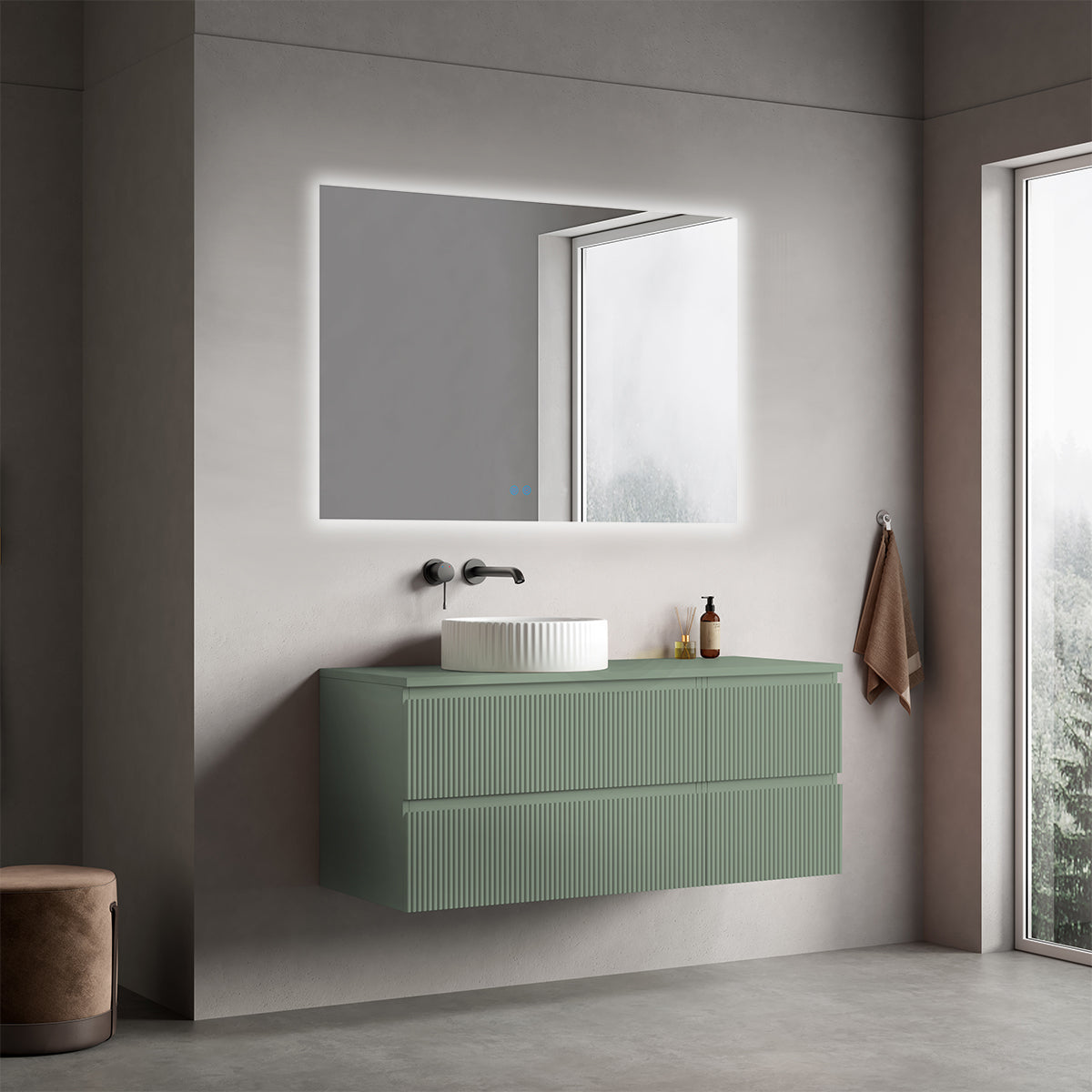 Mobile bagno sospeso cannettato reversibile  120 cm Verde Salvia per Lavabo d'appoggio Specchio Quadro Retroilluminato - Fiji Paint Top Canneté
