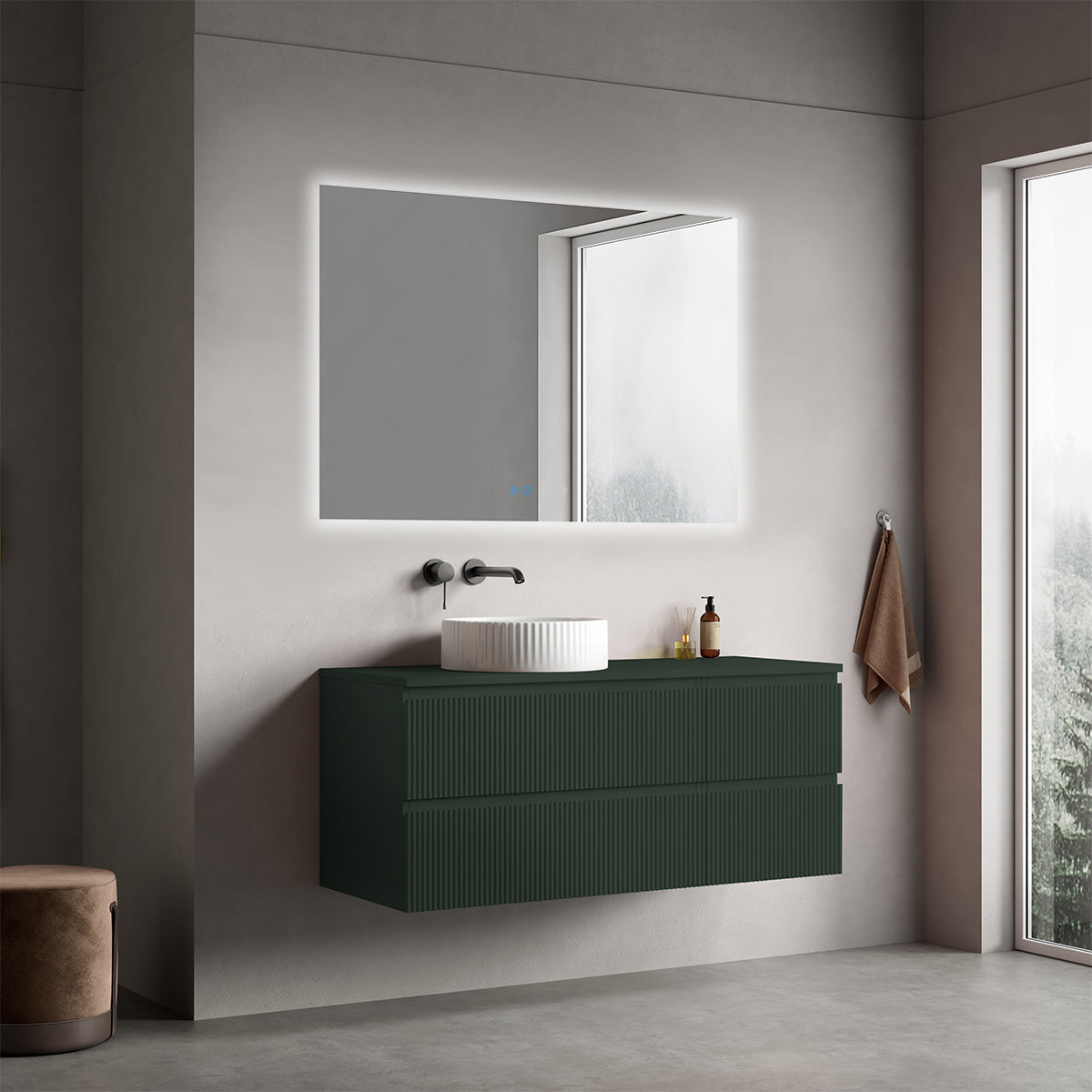 Mobile bagno sospeso cannettato reversibile  120 cm Verde Comodoro  per Lavabo d'appoggio Specchio Quadro Retroilluminato - Fiji Paint Top Canneté