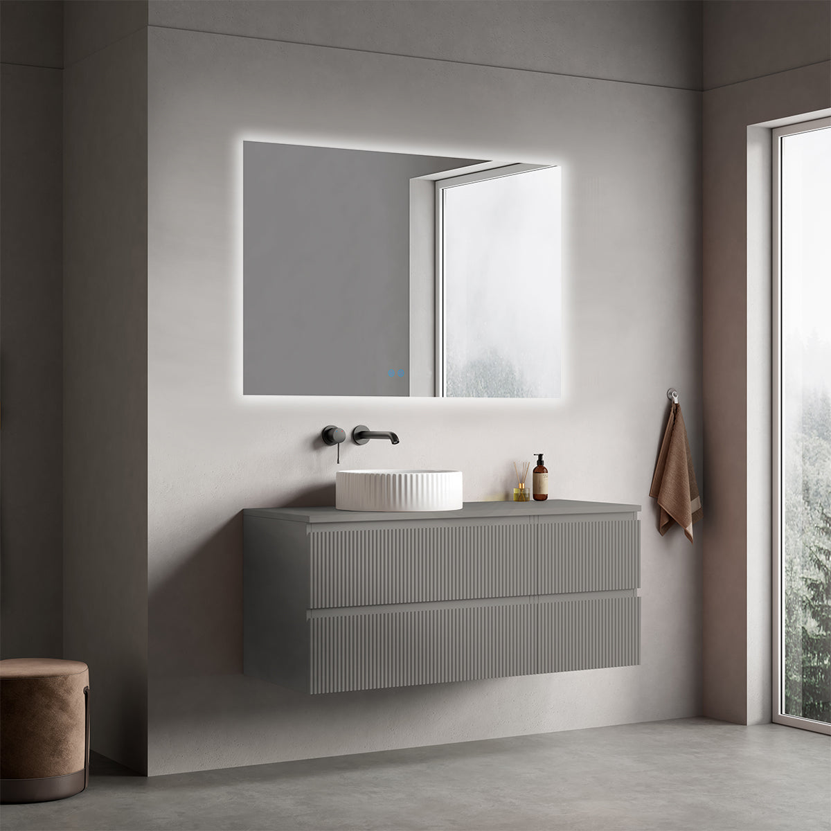 Mobile bagno sospeso cannettato reversibile  120 cm Grigio Londra per Lavabo d'appoggio Specchio Quadro Retroilluminato - Fiji Paint Top Canneté