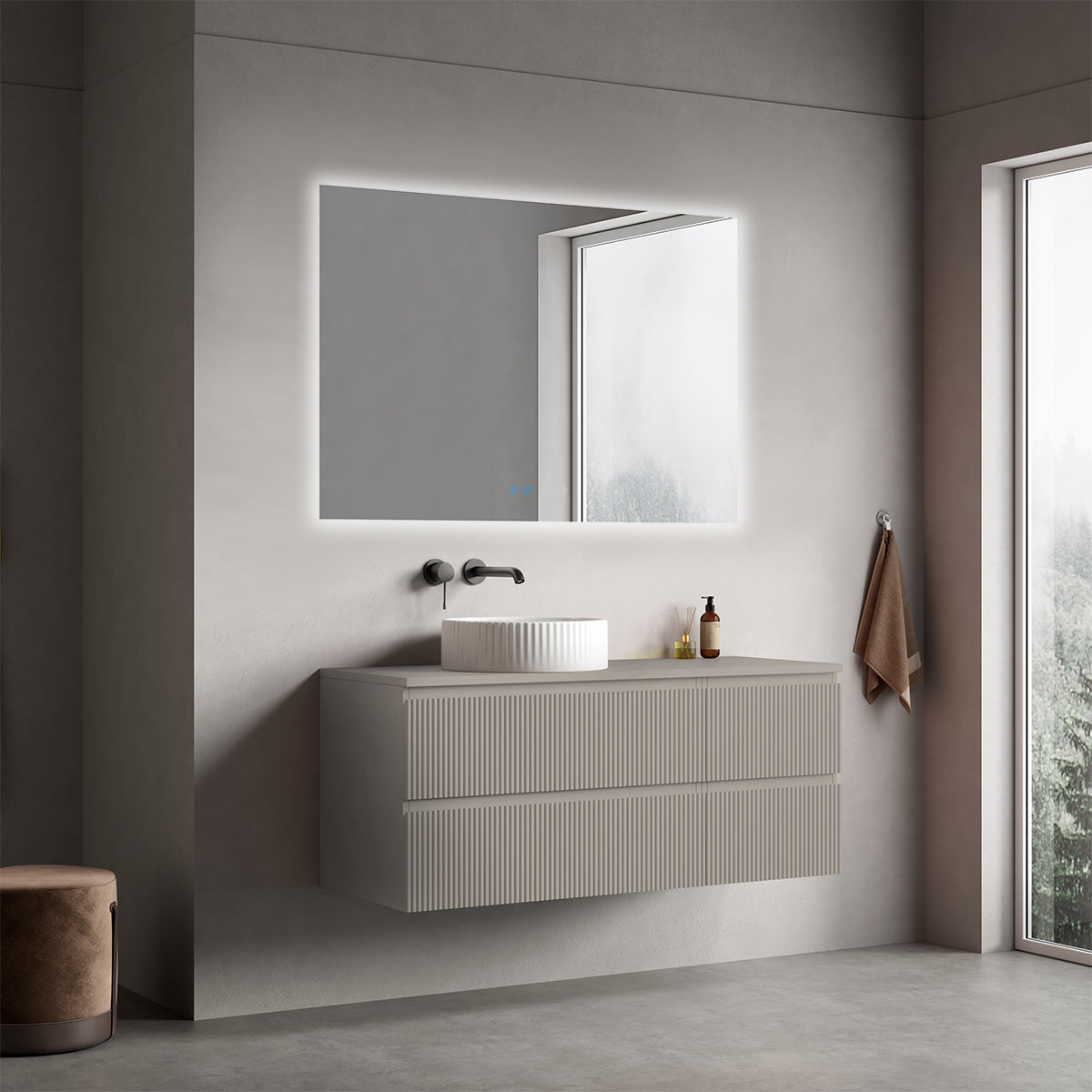Mobile bagno sospeso cannettato reversibile  120 cm Grigio Cenere  per Lavabo d'appoggio Specchio Quadro Retroilluminato - Fiji Paint Top Canneté