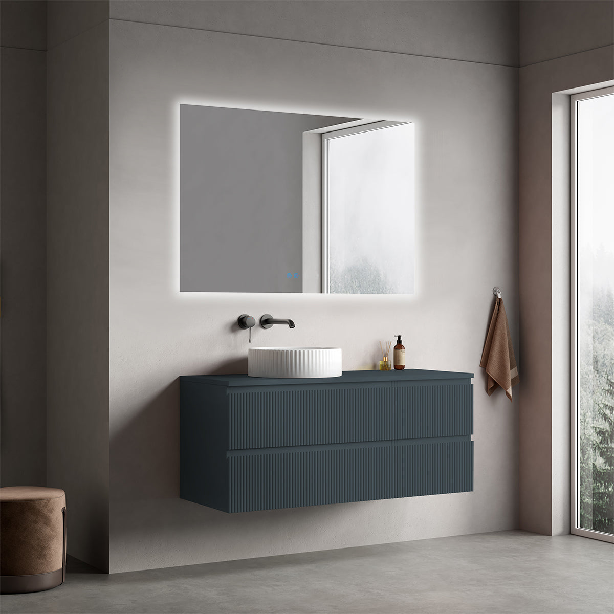 Mobile bagno sospeso cannettato reversibile  120 cm Blu Mare per Lavabo d'appoggio Specchio Quadro Retroilluminato - Fiji Paint Top Canneté