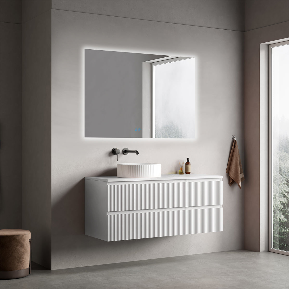 Mobile bagno sospeso cannettato reversibile  120 cm Bianco Opaco per Lavabo d'appoggio Specchio Quadro Retroilluminato - Fiji Paint Top Canneté