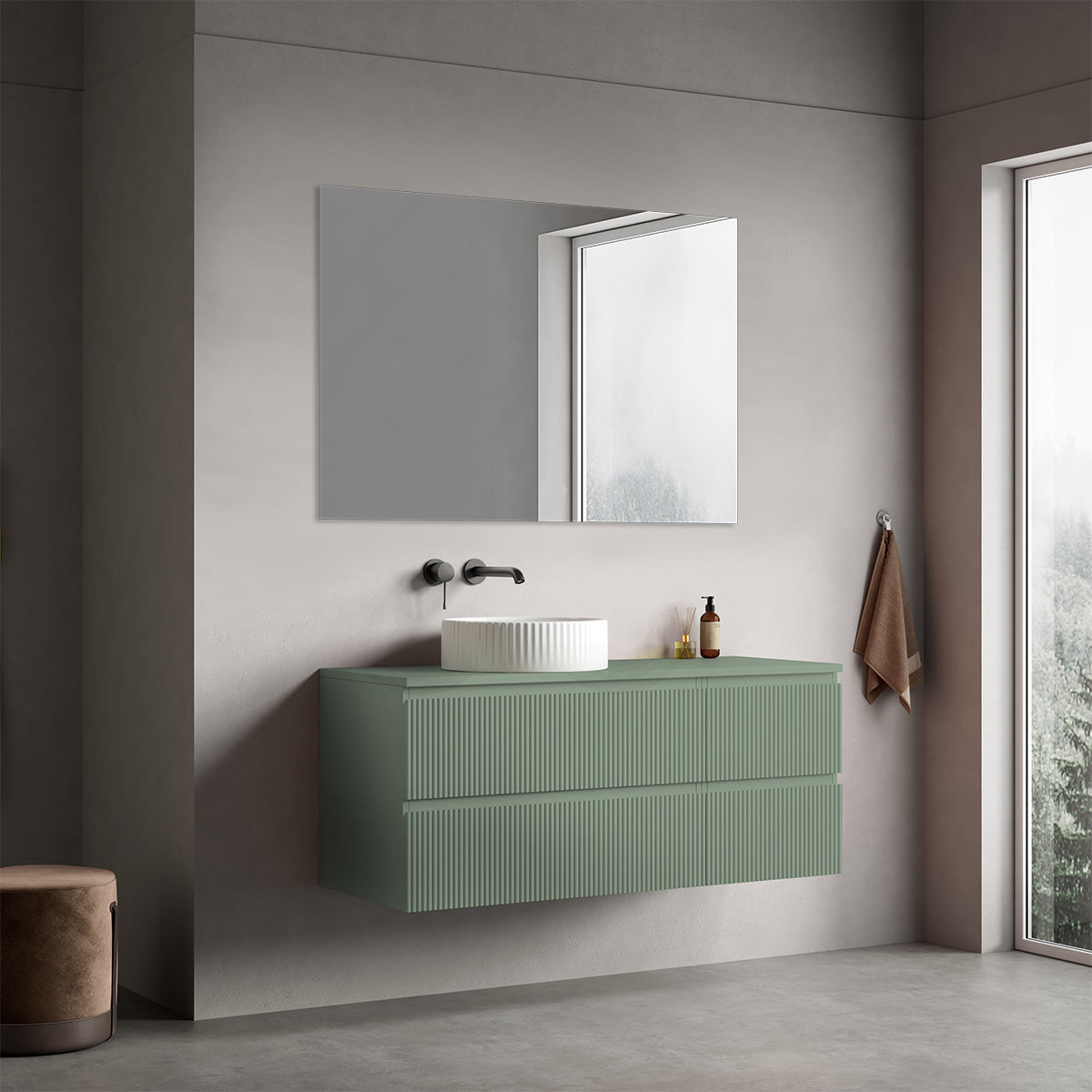 Mobile bagno sospeso cannettato reversibile  120 cm Verde Salvia per Lavabo d'appoggio Specchio Quadro - Fiji Paint Top Canneté