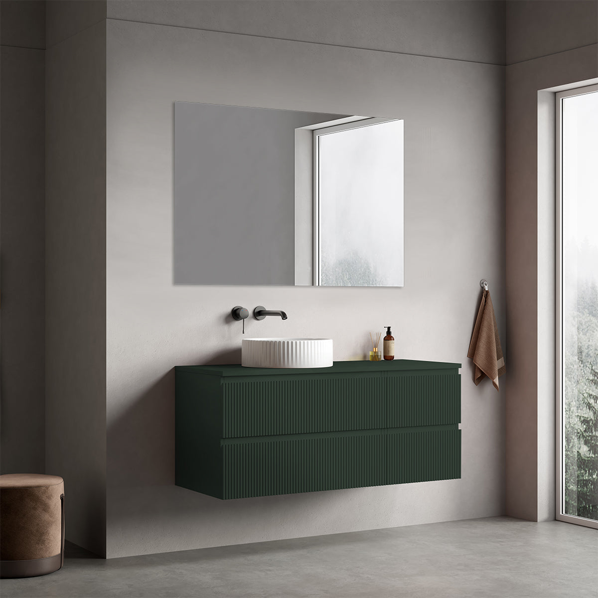Mobile bagno sospeso cannettato reversibile  120 cm Verde Comodoro  per Lavabo d'appoggio Specchio Quadro - Fiji Paint Top Canneté