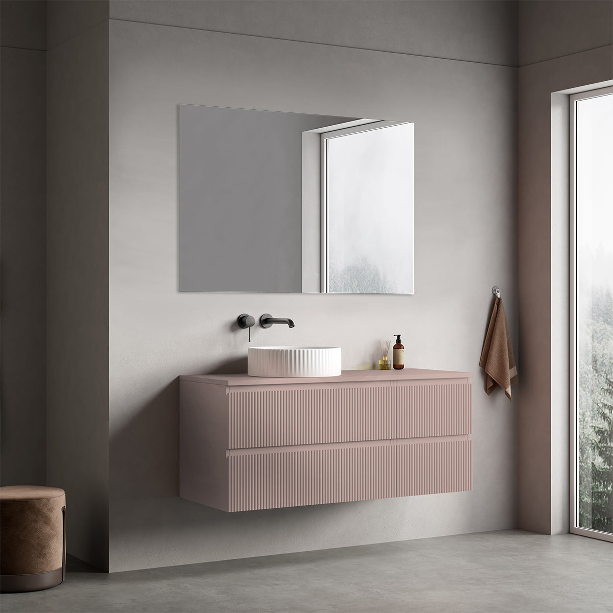 Mobile bagno sospeso cannettato reversibile  120 cm Rosa Retrò per Lavabo d'appoggio Specchio Quadro - Fiji Paint Top Canneté