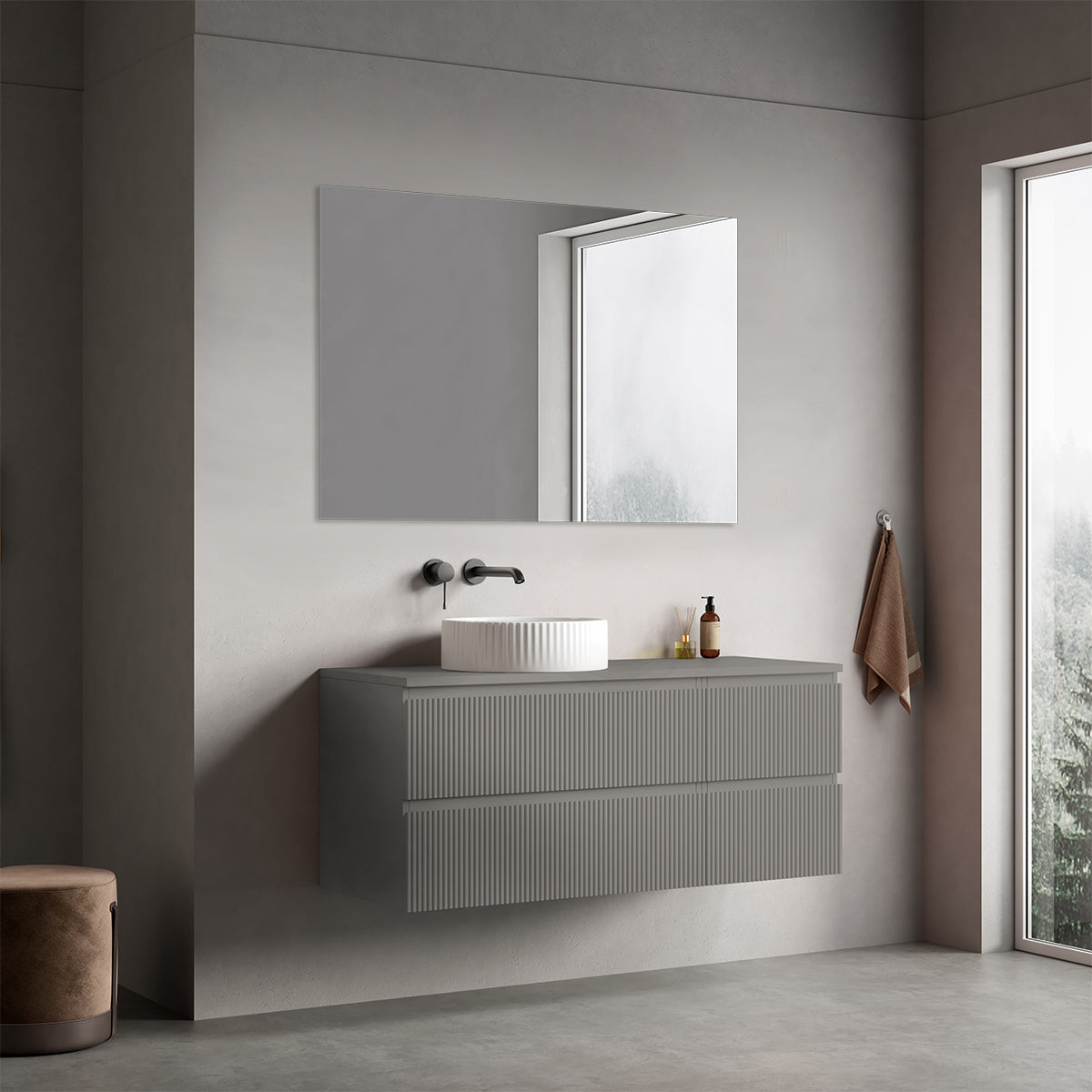 Mobile bagno sospeso cannettato reversibile  120 cm Grigio Londra per Lavabo d'appoggio Specchio Quadro - Fiji Paint Top Canneté