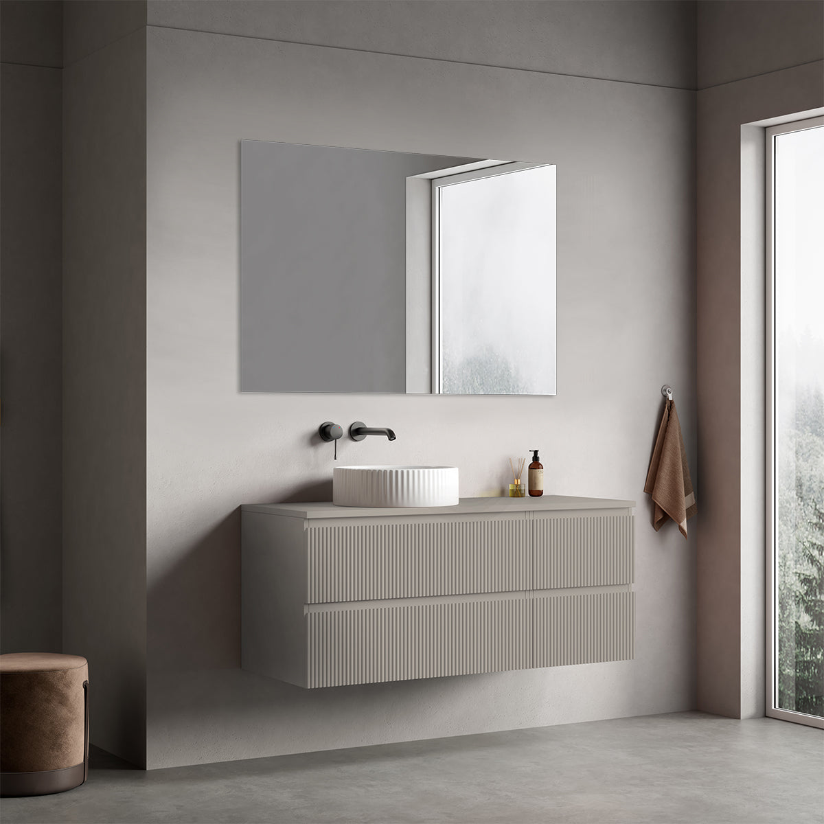 Mobile bagno sospeso cannettato reversibile  120 cm Grigio Cenere  per Lavabo d'appoggio Specchio Quadro - Fiji Paint Top Canneté