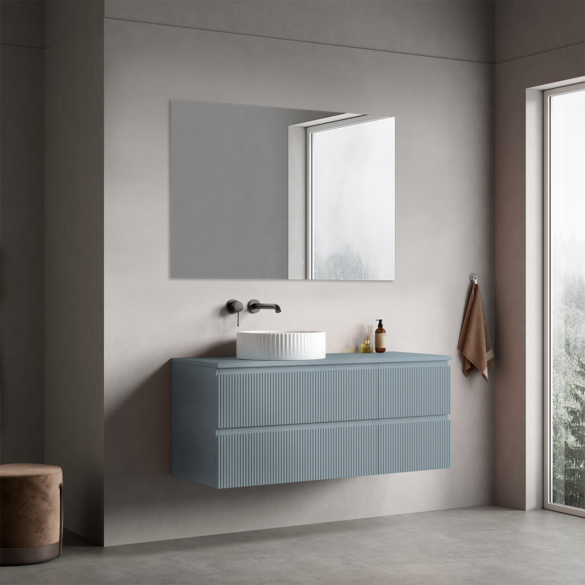 Mobile bagno sospeso cannettato reversibile  120 cm Blu Avio per Lavabo d'appoggio Specchio Quadro - Fiji Paint Top Canneté