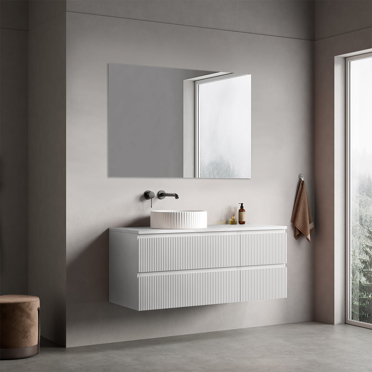 Mobile bagno sospeso cannettato reversibile  120 cm Bianco Opaco per Lavabo d'appoggio Specchio Quadro - Fiji Paint Top Canneté