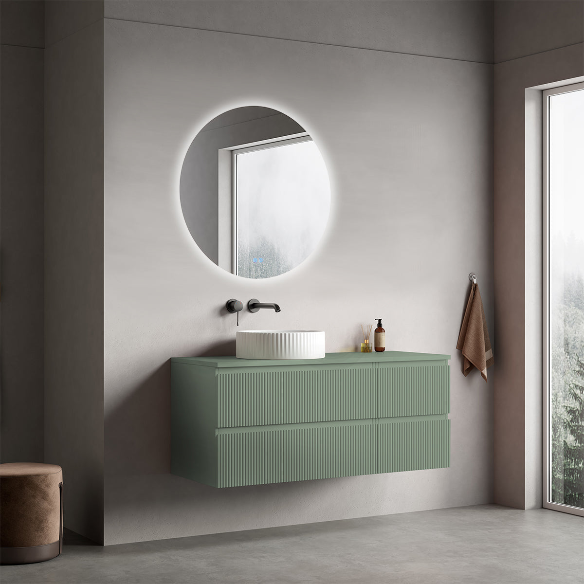 Mobile bagno sospeso cannettato reversibile  120 cm Verde Salvia per Lavabo d'appoggio Specchio Tondo Retroilluminato - Fiji Paint Top Canneté