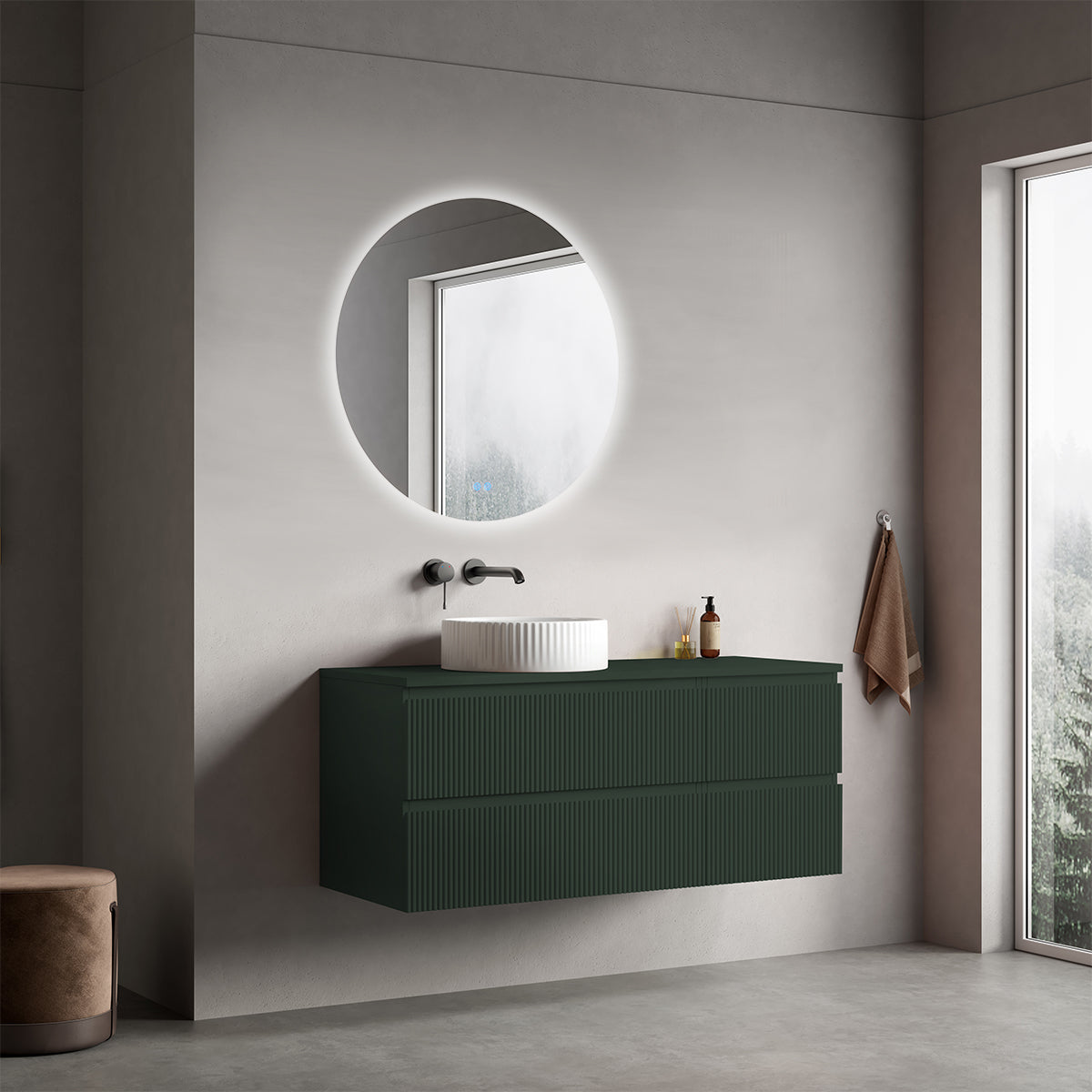 Mobile bagno sospeso cannettato reversibile  120 cm Verde Comodoro  per Lavabo d'appoggio Specchio Tondo Retroilluminato - Fiji Paint Top Canneté