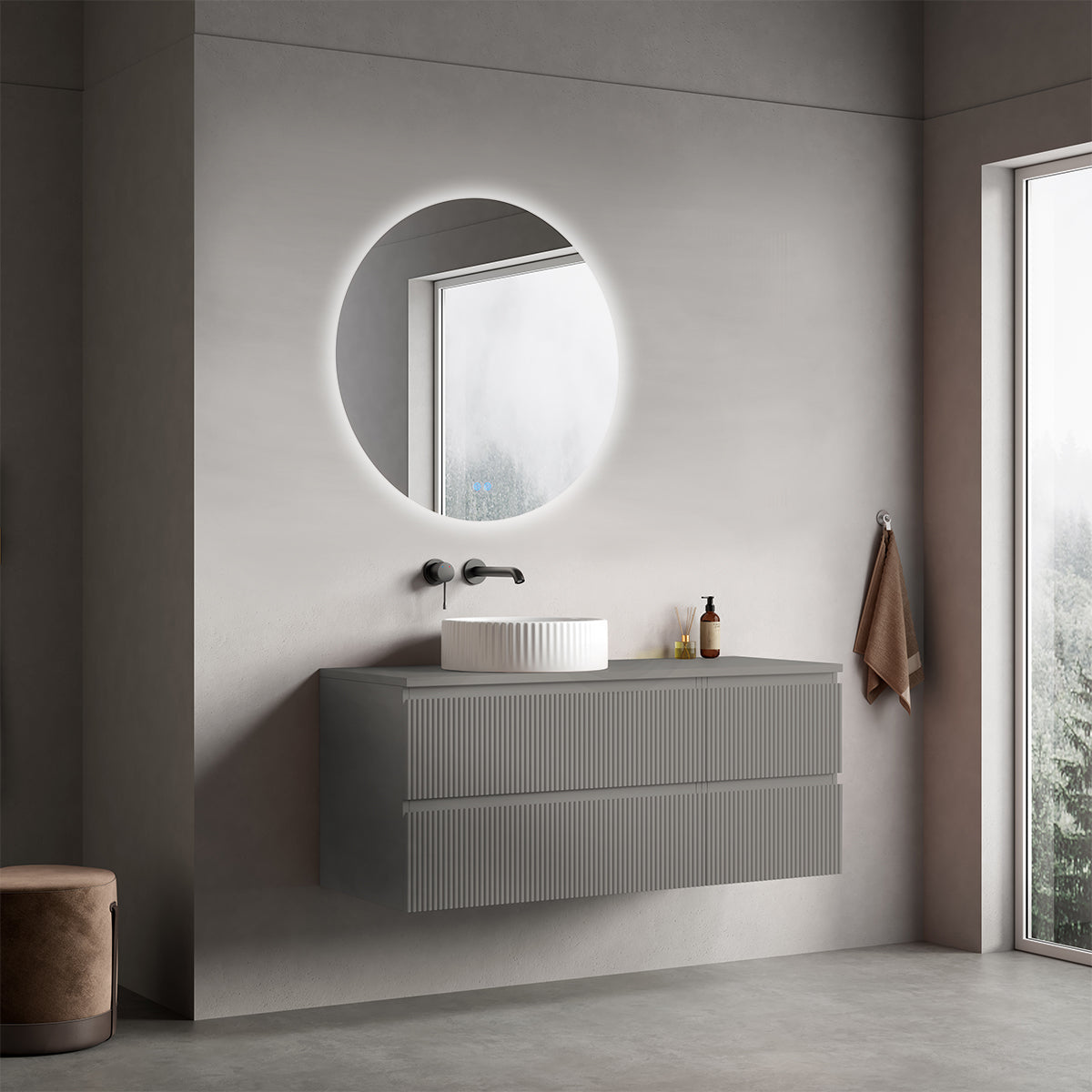 Mobile bagno sospeso cannettato reversibile  120 cm Grigio Londra per Lavabo d'appoggio Specchio Tondo Retroilluminato - Fiji Paint Top Canneté