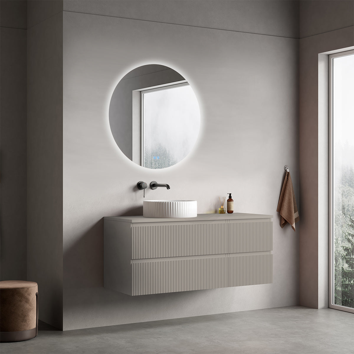 Mobile bagno sospeso cannettato reversibile  120 cm Grigio Cenere  per Lavabo d'appoggio Specchio Tondo Retroilluminato - Fiji Paint Top Canneté